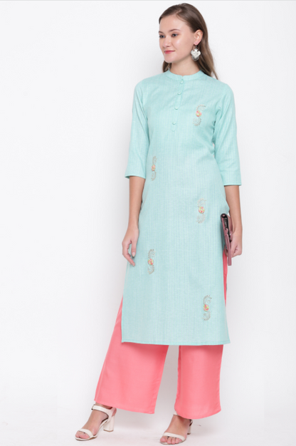 Women's Embroidered/Solid Straight Cotton Sky Blue Kurta (1Pc)