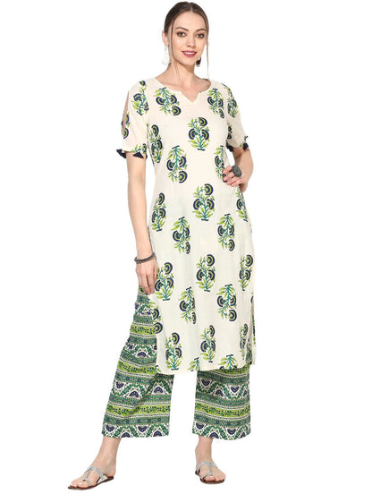 Women's White Cotton Blend Printed Short Sleeve V Neck Casual Kurta Set