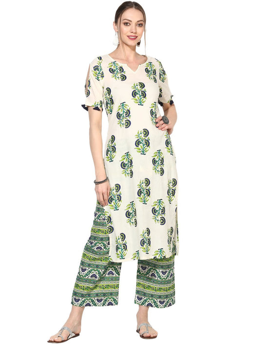 Women's White Cotton Blend Printed Short Sleeve V Neck Casual Kurta Set