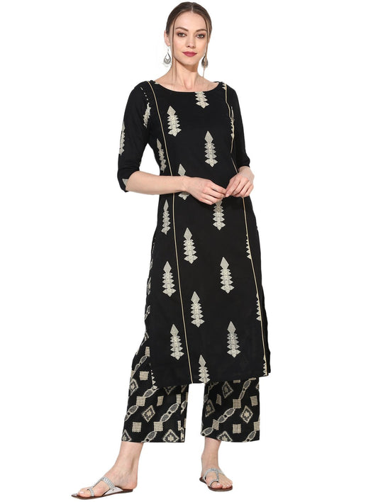 Women's Black Cotton Blend Printed 3/4 Sleeve Round Neck Casual Kurta Set