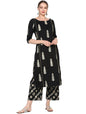Women's Black Cotton Blend Printed 3/4 Sleeve Round Neck Casual Kurta Set