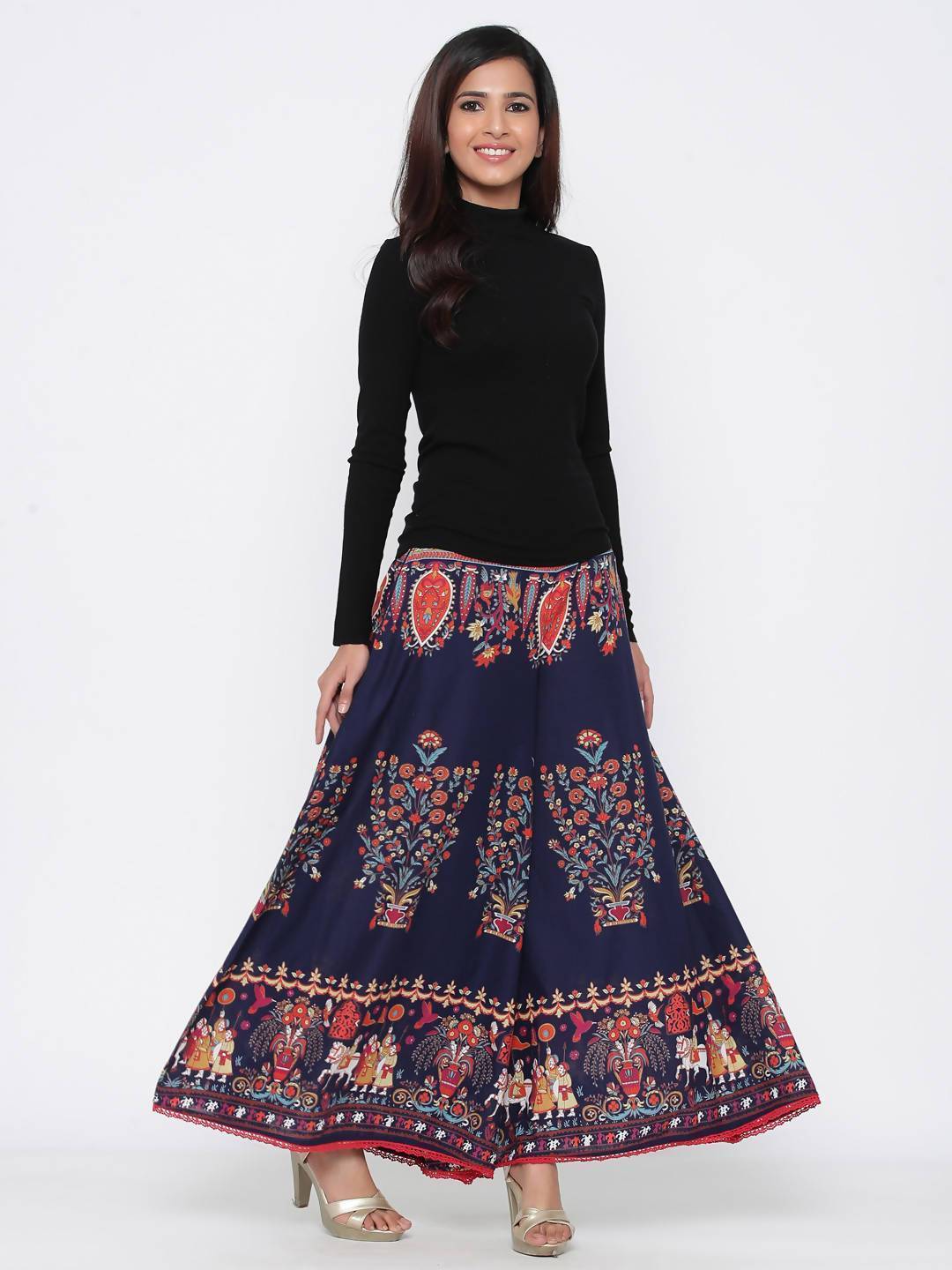 Women's Mustard Cotton Printed Flared Palazzo