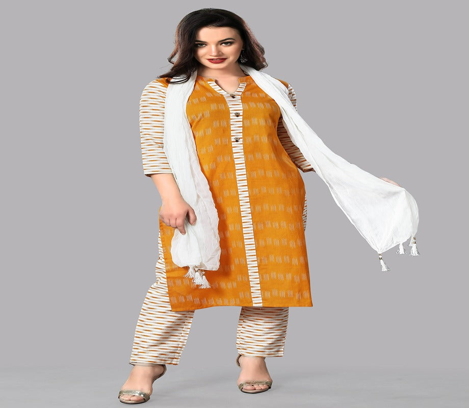 Women's Yellow Color Cotton Blend Straight Printed Kurta Pant Set With Dupatta