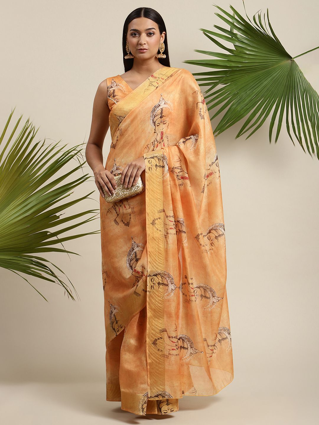 Women's Orange Chanderi Digital Printed Saree