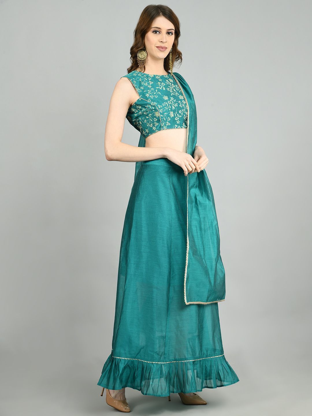 Women's Green Chanderi Printed Sleeveless Round Neck Casual Blouse Lehenga Dupatta Set