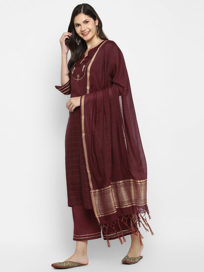 Women's Maroon Color Chanderi Silk Embroidered Straight Kurta Palazzo With Dupatta