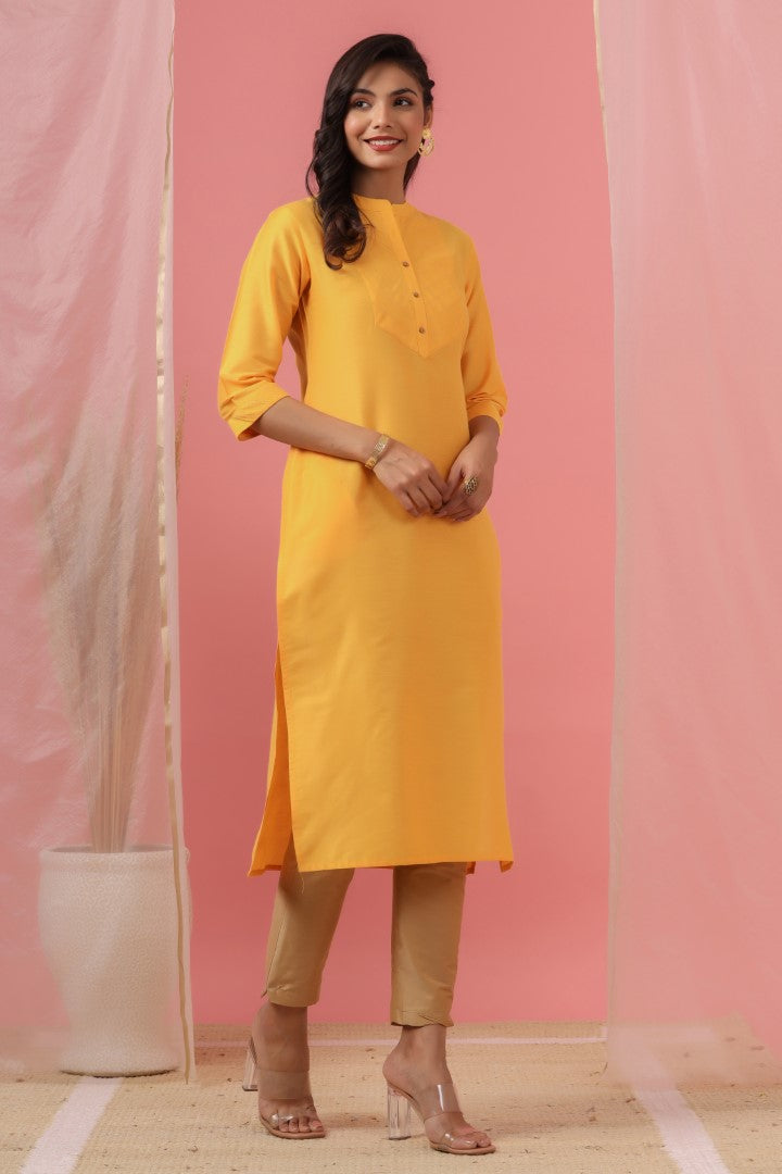 Women's Yellow Tussar Silk Solid Kurta