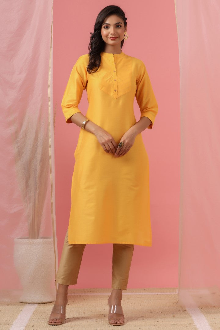 Women's Yellow Tussar Silk Solid Kurta
