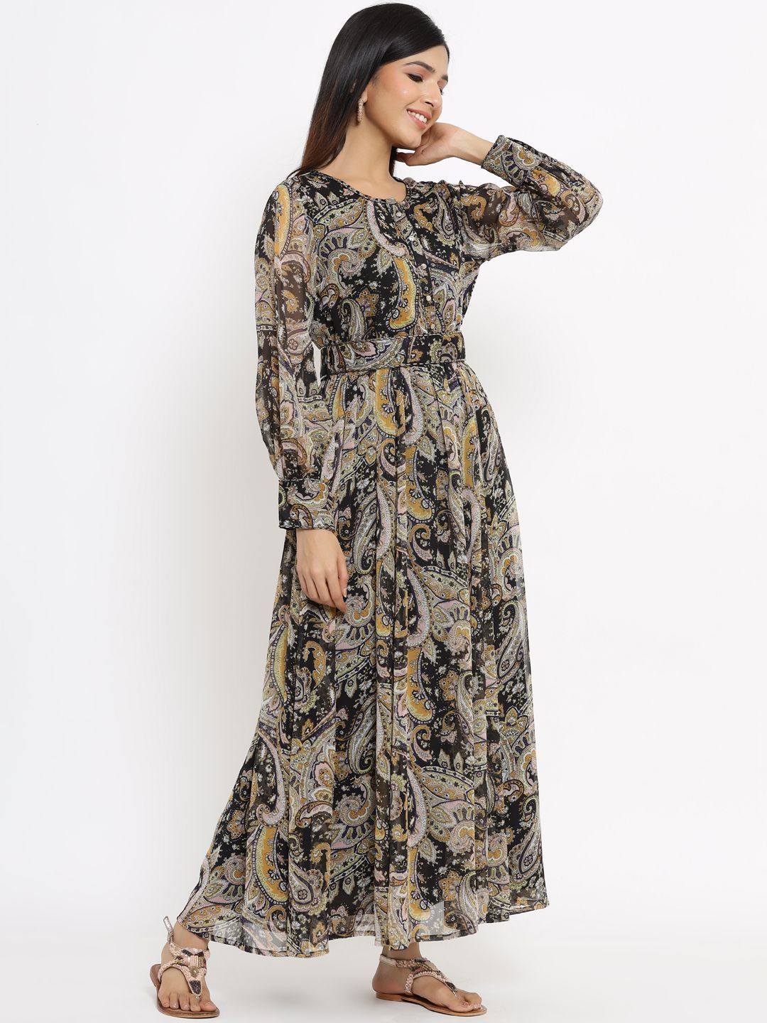 Women's Black Alphin Chiffon Flared Printed Dress With Tie-up Blet1