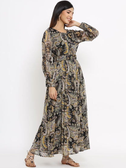 Women's Black Alphin Chiffon Flared Printed Dress With Tie-up Blet1
