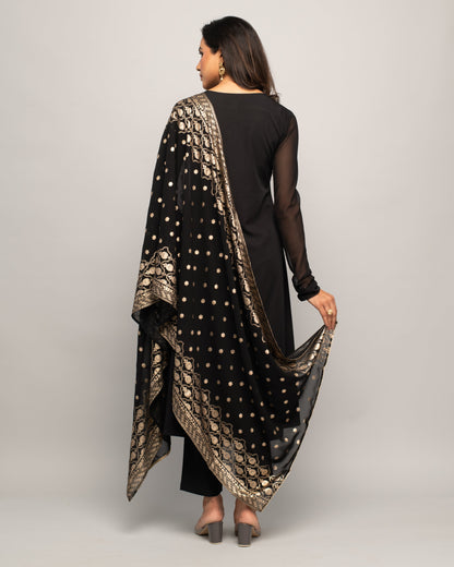 Women's Black Creap A-Line Kurta Pant With dupatta