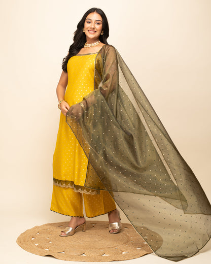 Women's Yellow Silk Blend Straight Kurta Palazzo Set with dupatta