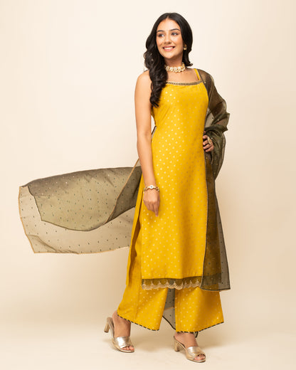 Women's Yellow Silk Blend Straight Kurta Palazzo Set with dupatta
