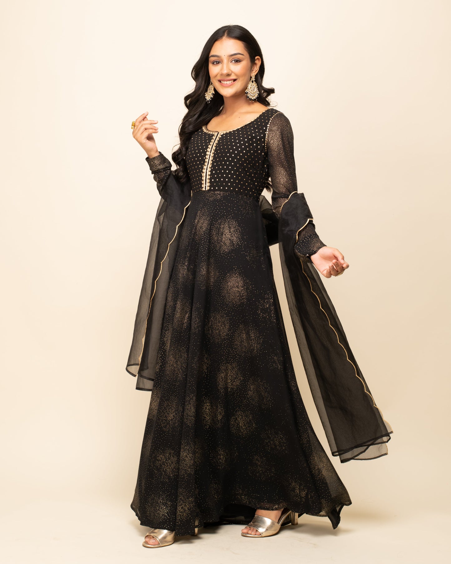 Women's Black Georgette Flared Kurta With dupatta