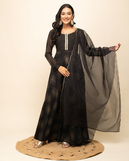 Women's Black Georgette Flared Kurta With dupatta