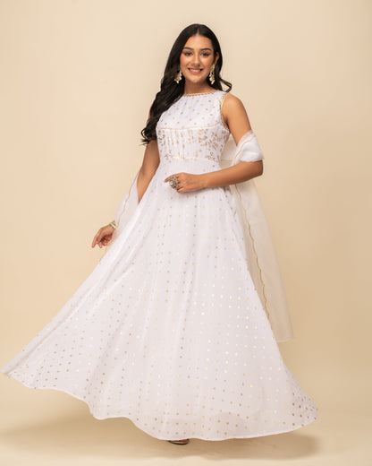Women's White Georgette Anarkali Kurta With dupatta