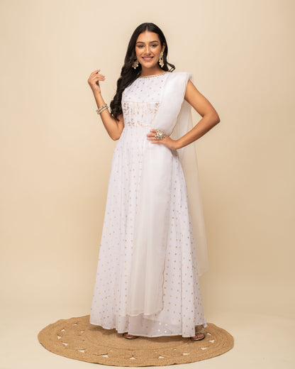 Women's White Georgette Anarkali Kurta With dupatta
