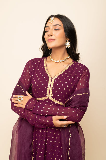 Women's Wine Georgette Anarkali Kurta With dupatta