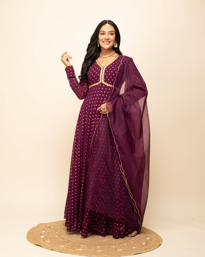 Women's Wine Georgette Anarkali Kurta With dupatta