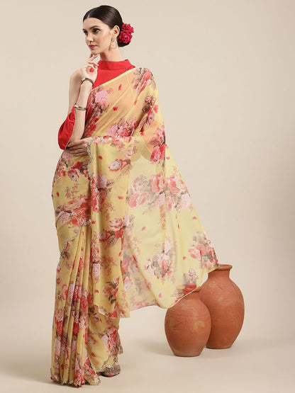 Women's Yellow Chiffon Digital Print Floral Saree