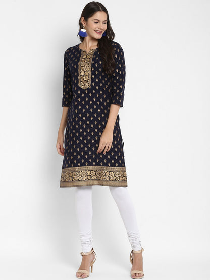 Women's Foil Print Straight Cotton Navy Blue Kurta (1Pc)