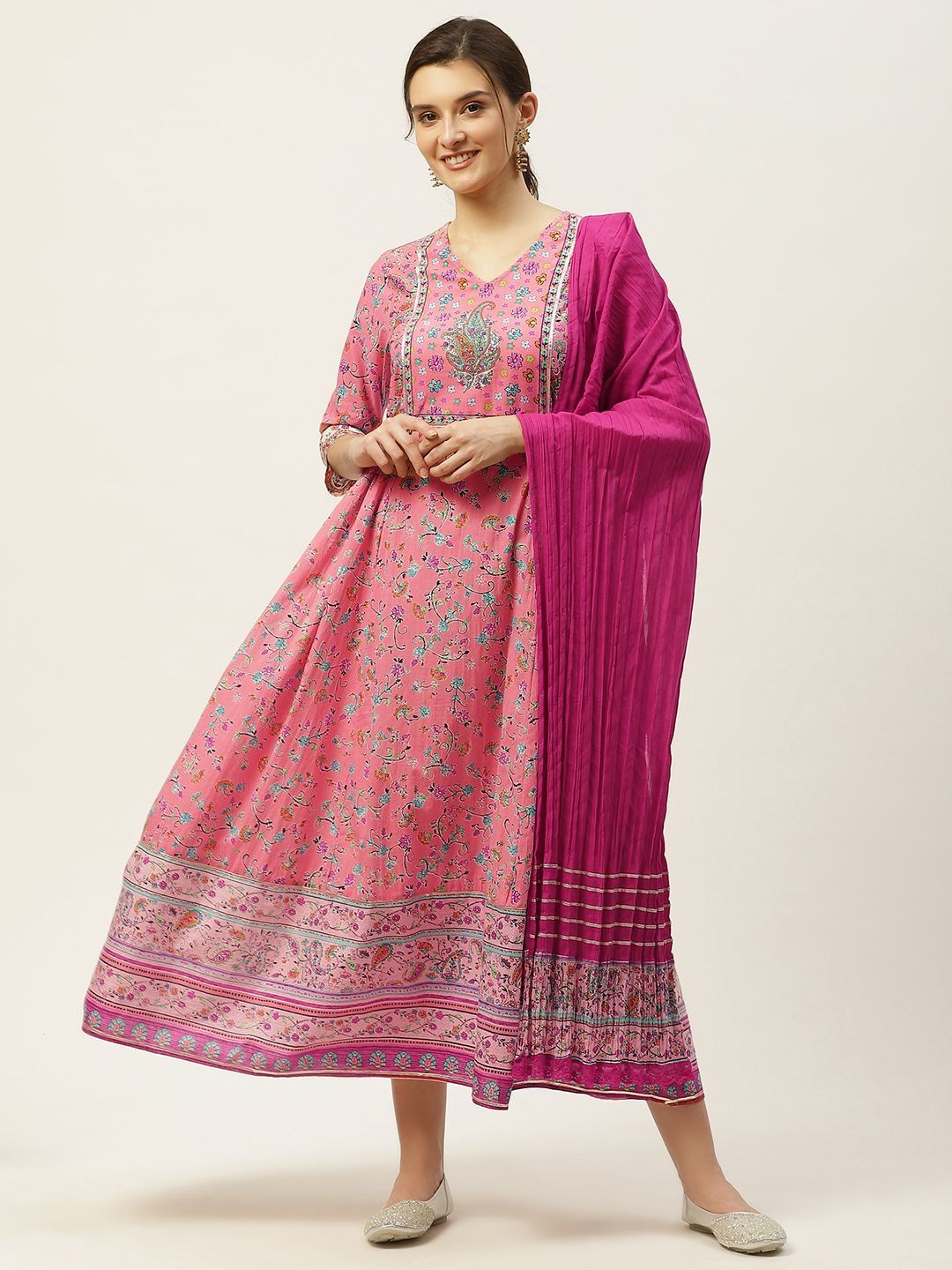 Women's Pink Floral Print Anarkali & Dupatta