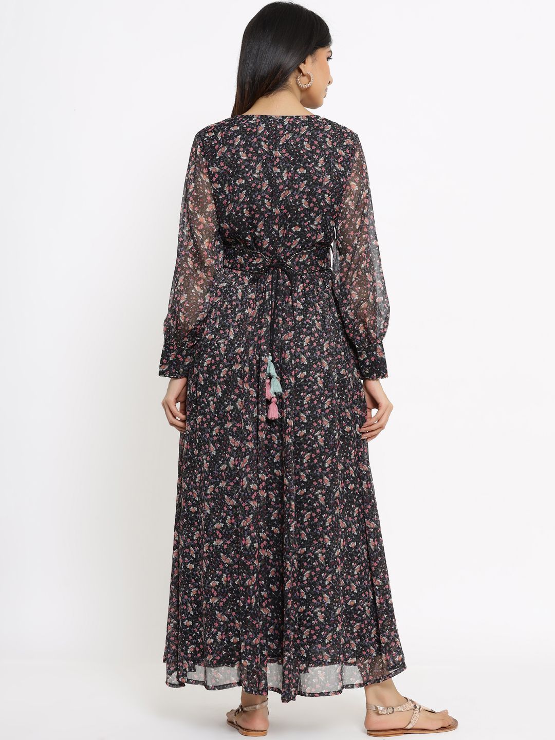 Women's Navy Chiffon Flared Printed Dress With Tie-up Blet