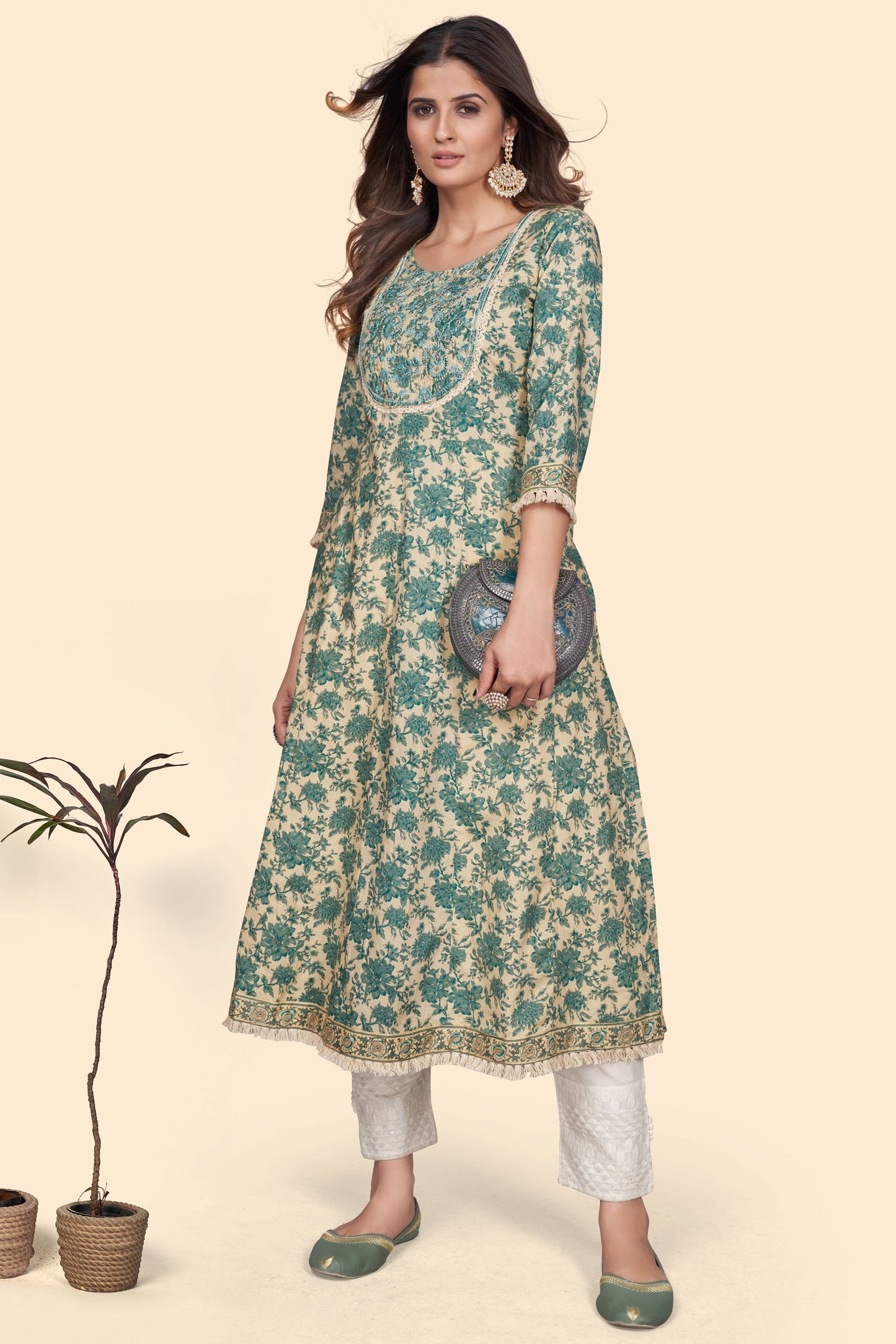 Women's Print & Embroidered A-Line Cotton Turquoise Stitched Kurta