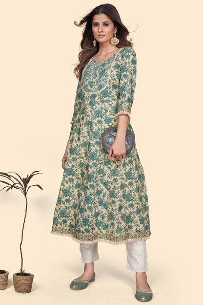 Women's Print & Embroidered A-Line Cotton Turquoise Stitched Kurta