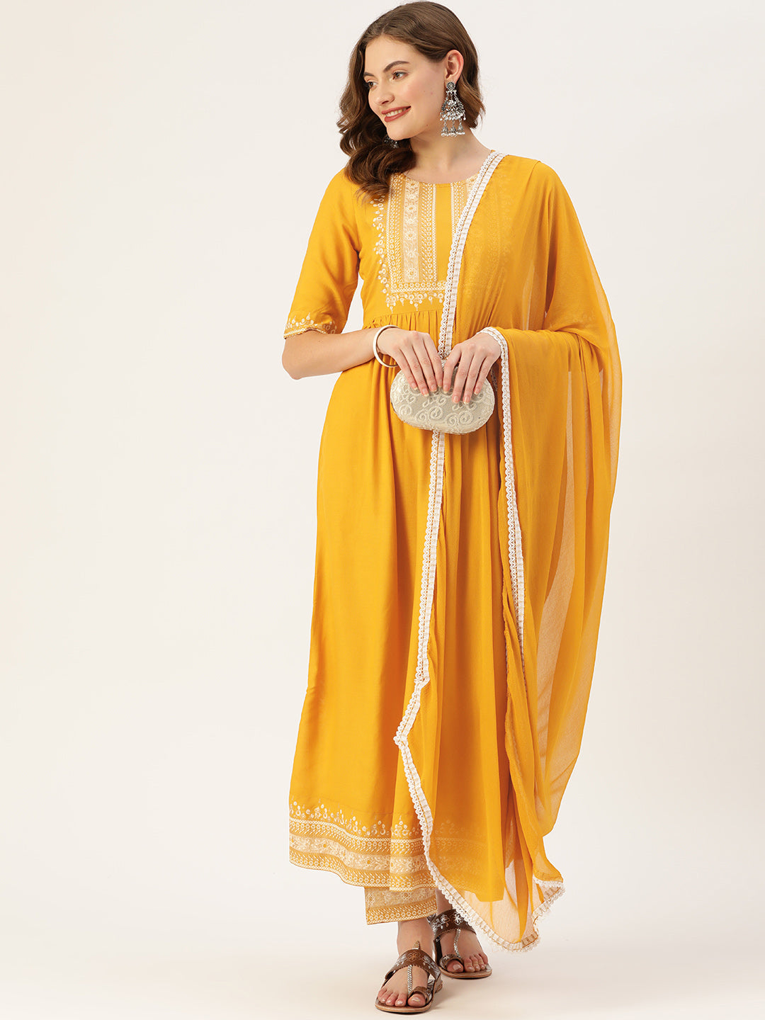 Women's Yellow Rayon Panelled Printed A-Line Kurta Trouser Set With Dupatta