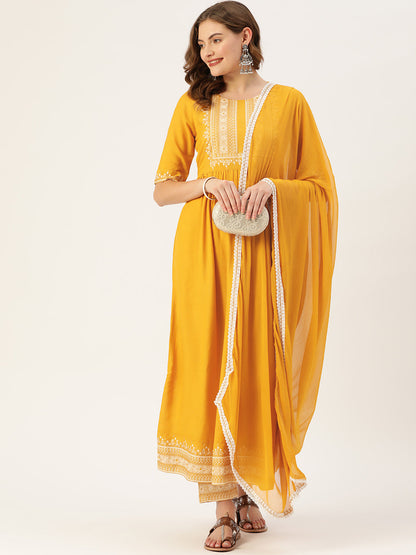 Women's Yellow Rayon Panelled Printed A-Line Kurta Trouser Set With Dupatta