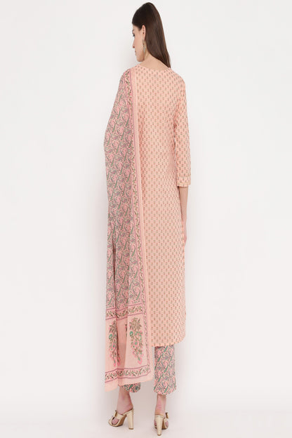Women's Foil Print & Gota Patti Work Straight Cotton Peach Kurta,Pant & Dupatta