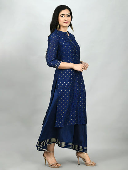 Women's Navy Blue Georgette Printed 3/4 Sleeve Mandarin Neck Casual Kurta Cammy Set