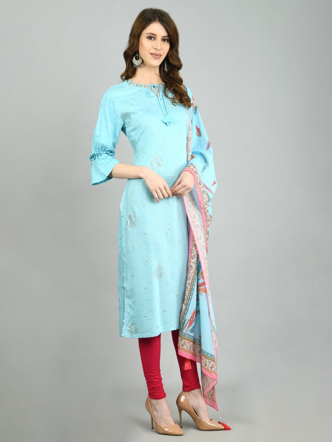 Women's Sky Blue Cotton Printed 3/4 Sleeve Round Neck Casual Kurta Dupatta  Set