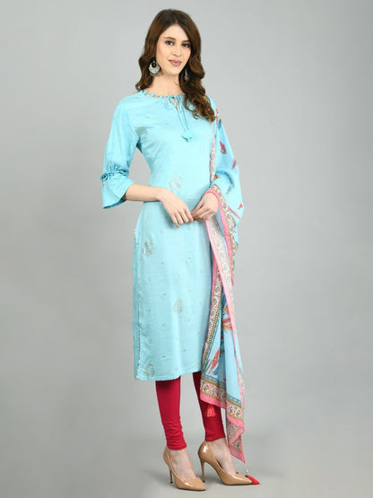 Women's Sky Blue Cotton Printed 3/4 Sleeve Round Neck Casual Kurta Dupatta  Set
