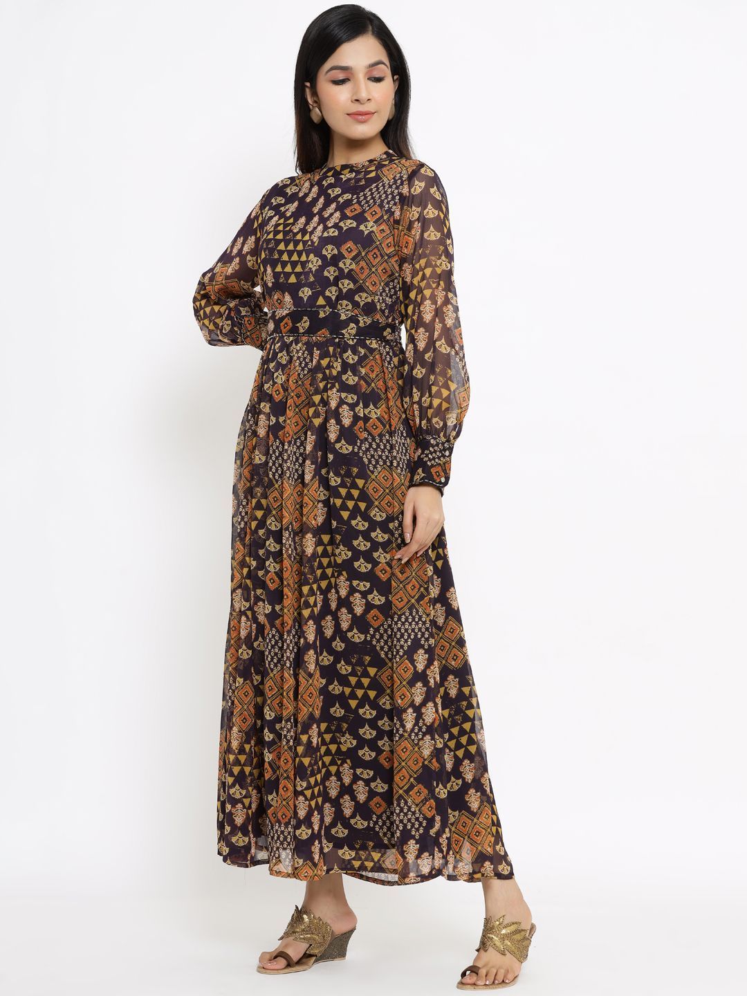 Women's Flared Printed Dress With Tie-up Blet3