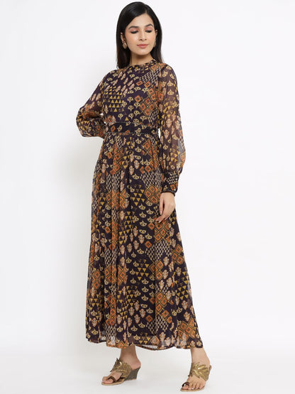 Women's Flared Printed Dress With Tie-up Blet3