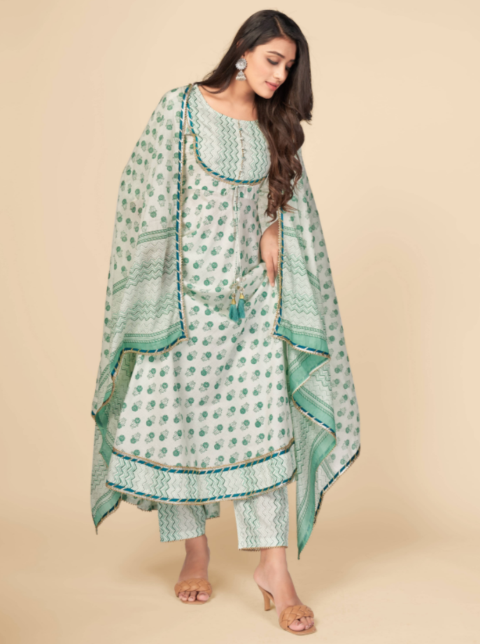 Women's Printed & Gota Patti Work Anarkali Cotton Green Kurta Pant With Dupatta (3Pcs Set)