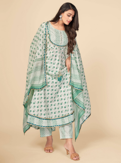 Women's Printed & Gota Patti Work Anarkali Cotton Green Kurta Pant With Dupatta (3Pcs Set)
