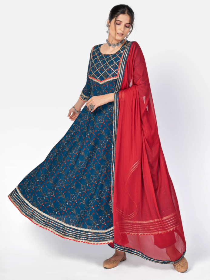 Women's Dark Blue Anarkali Cotton Kurta With Pant & Dupatta By Vbuyz (3