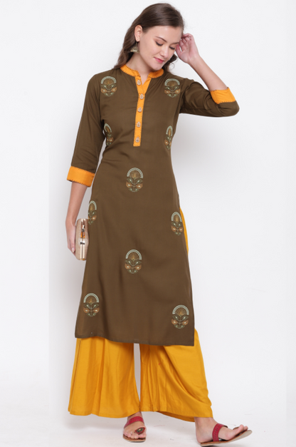 Women's Embroidered Straight Rayon Mehendi Green Kurta (1Pc)