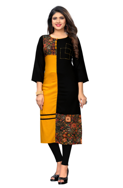 Women's Black & Yellow Rayon Kurta By Vbu
