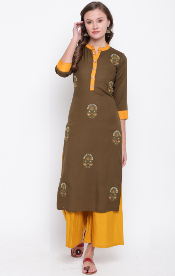 Women's Embroidered Straight Rayon Mehendi Green Kurta (1Pc)