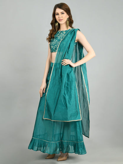 Women's Green Chanderi Printed Sleeveless Round Neck Casual Blouse Lehenga Dupatta Set