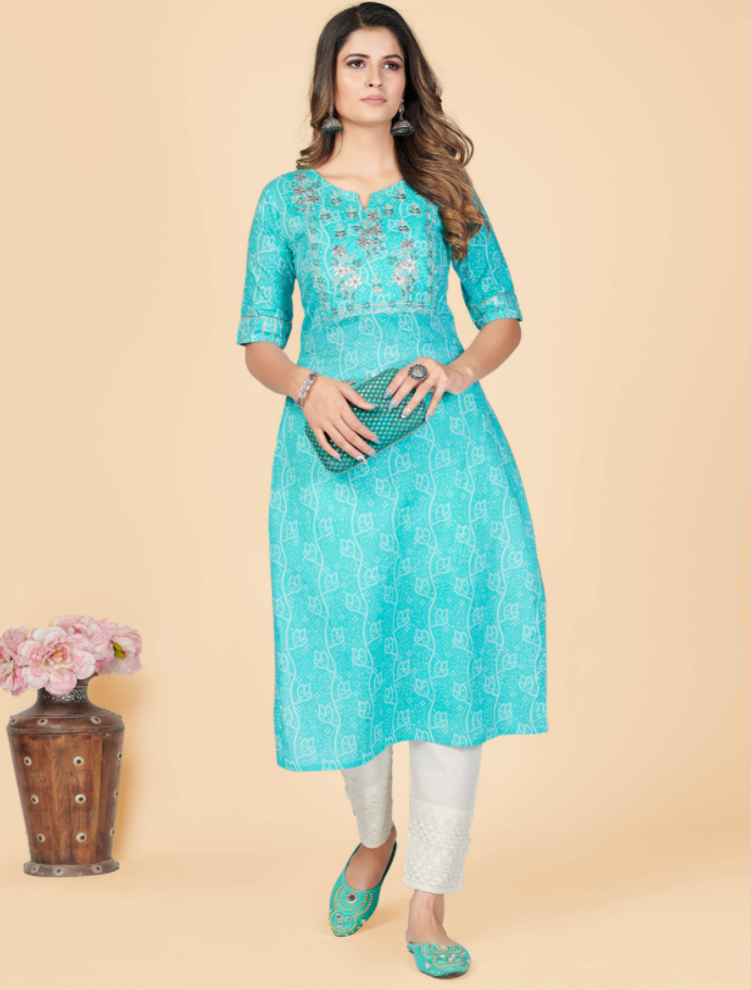Women's Printed & Embroidered Straight Cotton Sky Blue Stitched Kurta (1Pc)
