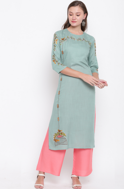 Women's Light Green Rayon Kurta By Vbu