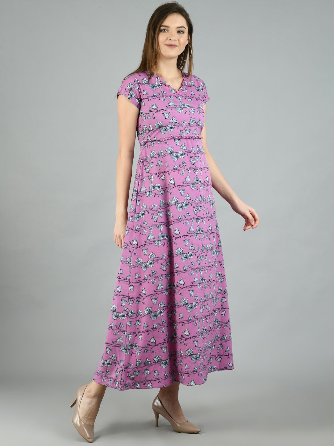 Women's Purple Polyester Printed Short Sleeve V Neck Casual Dress