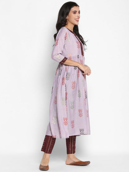 Women's Grey Color Muslin Floral A-Line Digital Printed Kurta Pant Set