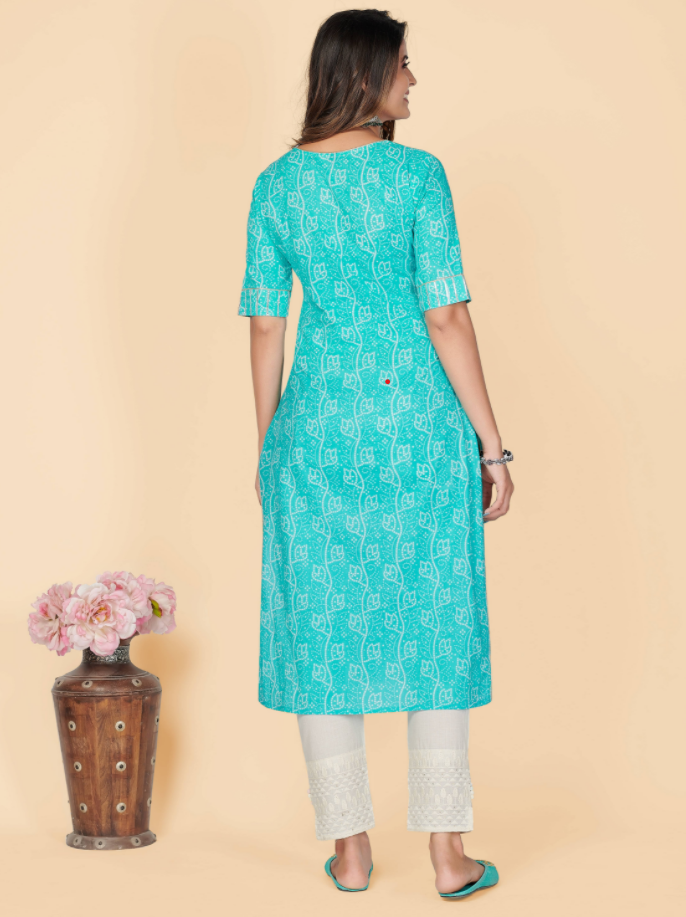 Women's Printed & Embroidered Straight Cotton Sky Blue Stitched Kurta (1Pc)