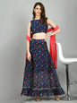 Navy Blue Chanderi Printed Sleeveless Round Neck Casual Blouse Lehenga Dupatta Set